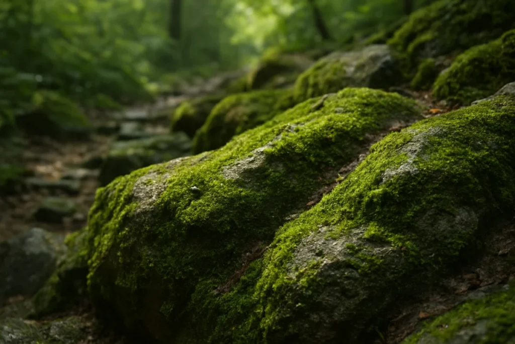 昼下がりの山道の岩場に生える苔と小さな虫