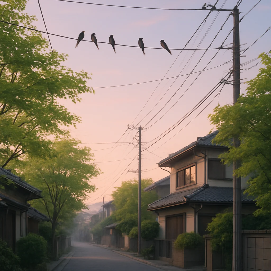 夜明けの住宅街で電線に止まる燕と淡い朝焼けの空