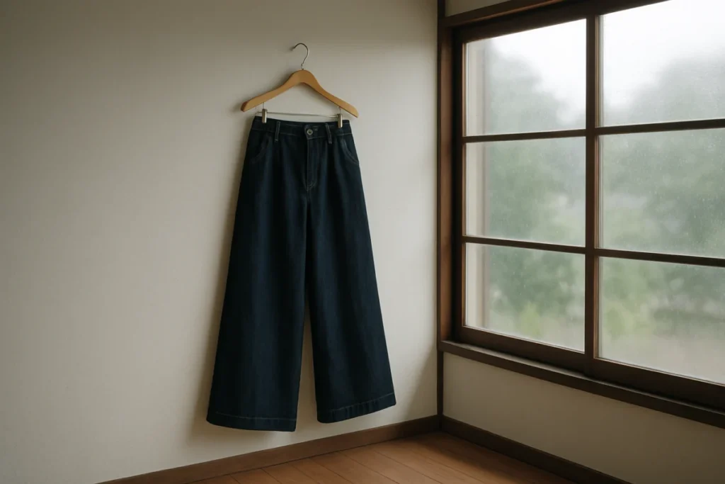 A pair of wide-leg denim pants hanging on a wooden hanger next to a window on a softly lit, overcast afternoon.