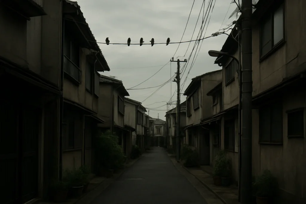 夕方の路地裏、電線に数羽の鳥が止まっている様子