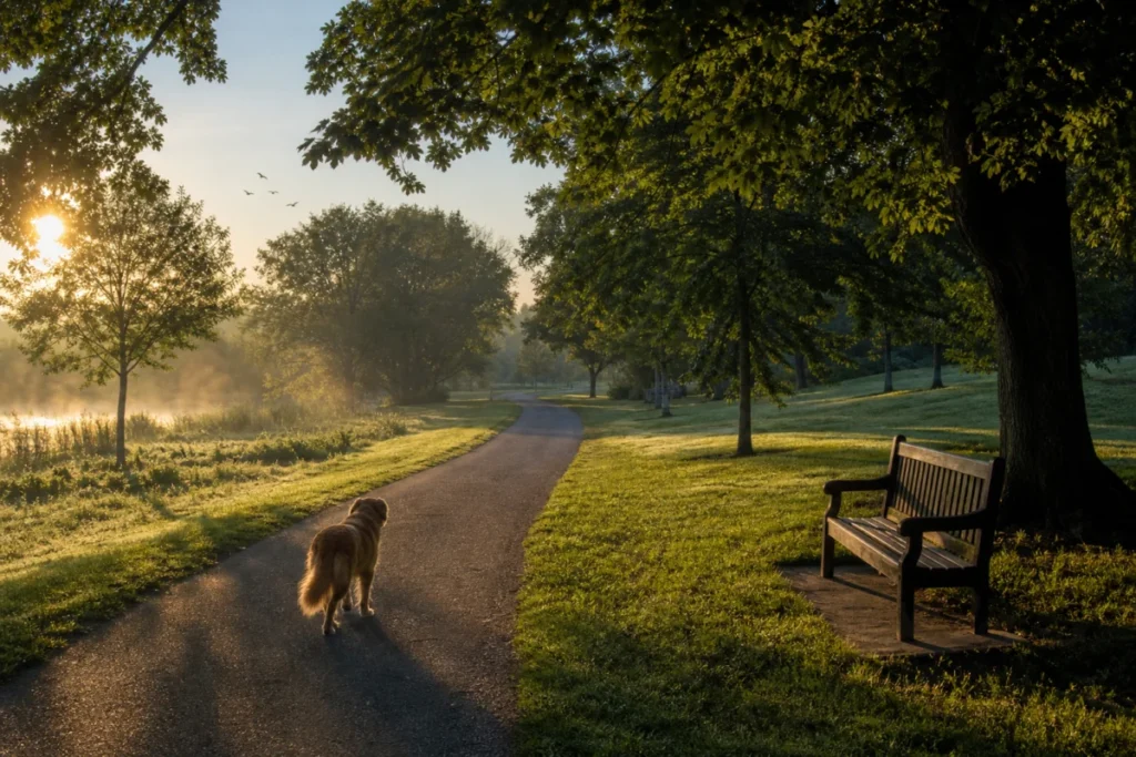 朝の公園で犬が歩く静かな風景。露の残る草と長い影、柔らかな朝日。