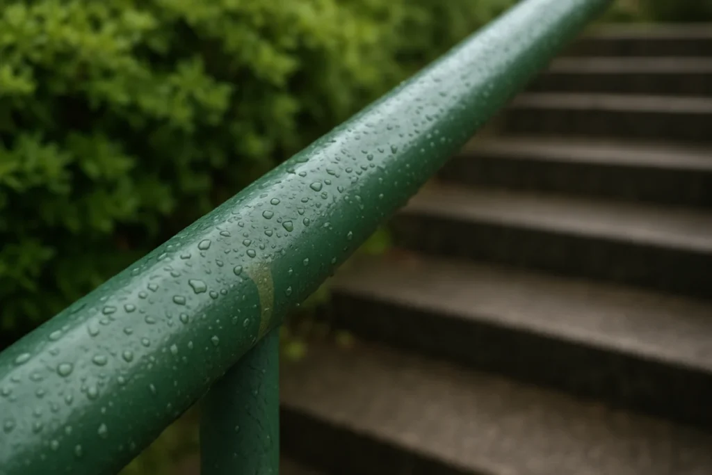 霧雨に濡れるアパートの外階段の緑色の金属製手すり