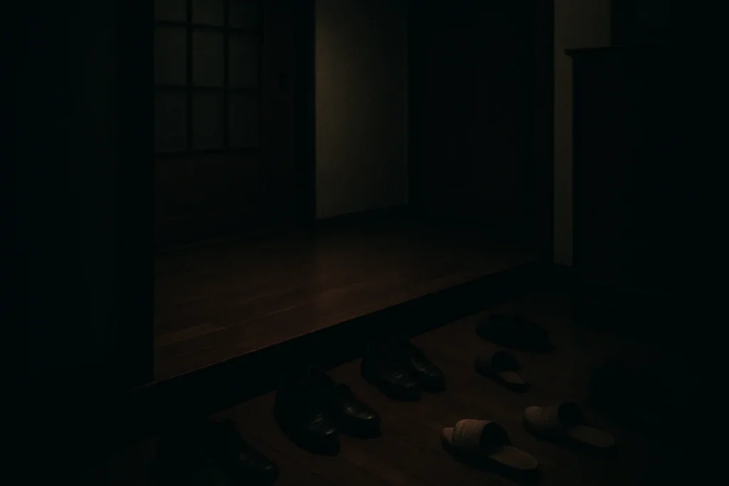 深夜の玄関に散らばった靴と薄暗い照明