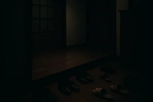 深夜の玄関に散らばった靴と薄暗い照明