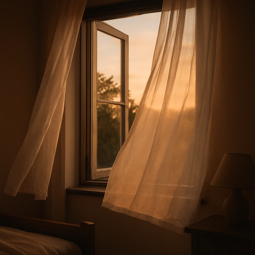 Warm evening air flowing through open window with gentle curtains moving