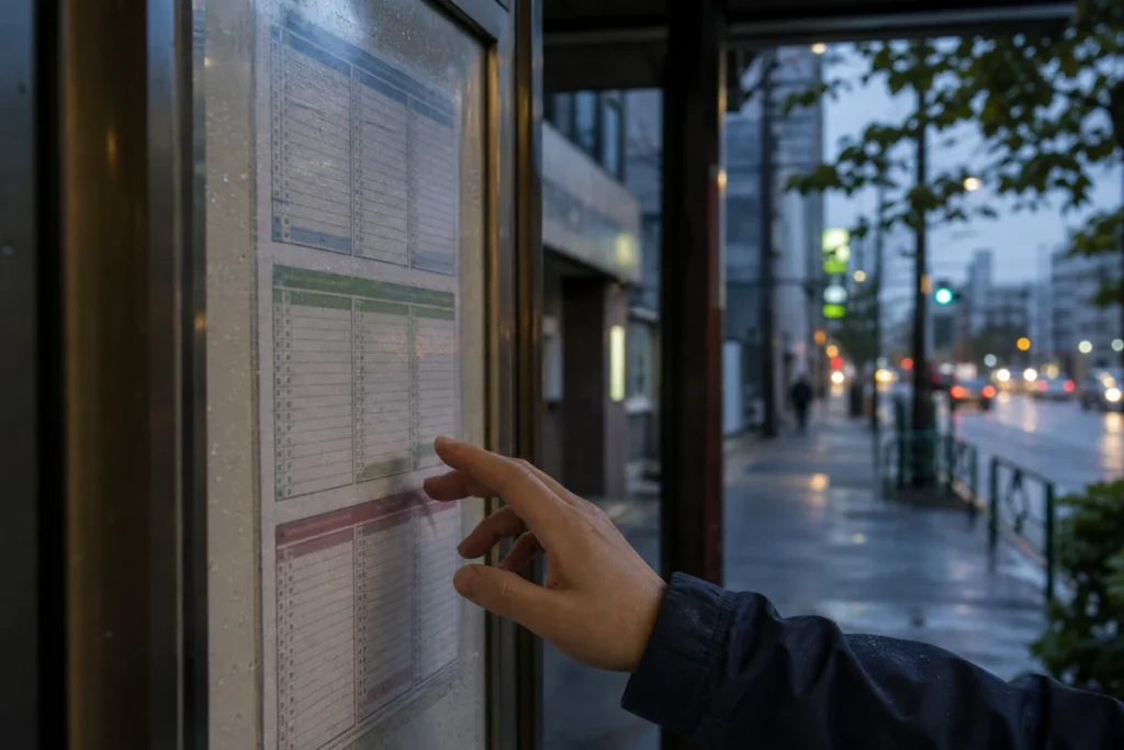 雨上がりの夕方、東京のバス停で濡れた時刻表の端に手が触れようとしている場面