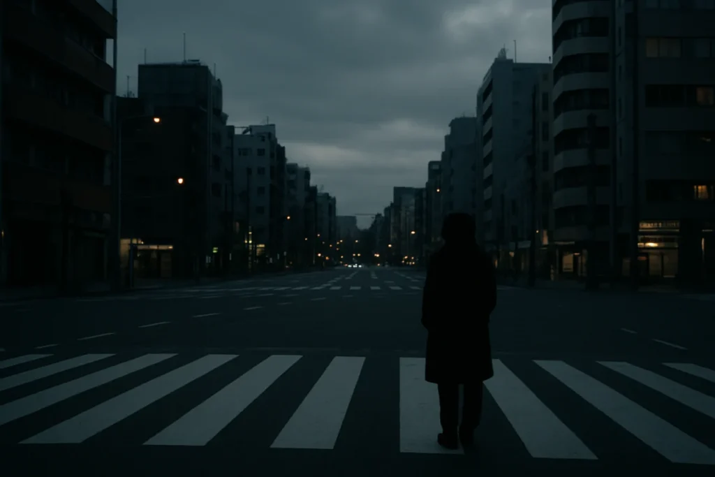 曇りの夕方、信号待ちの交差点から見上げた空。低い雲と街灯のシルエット。