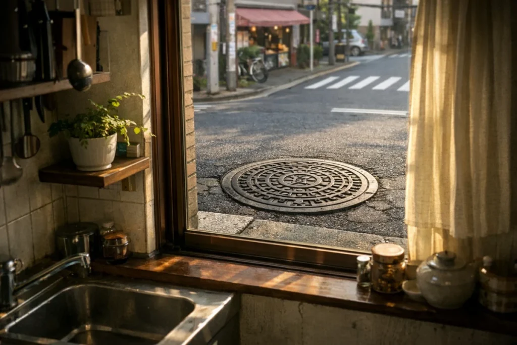 夕方の台所から外の街並みとマンホールの蓋を捉えた写真