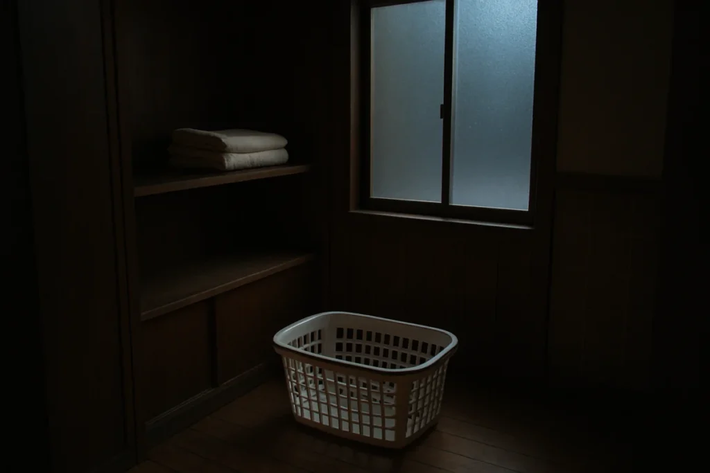 夕暮れの薄暗い脱衣所に置かれた白い洗濯籠と畳まれたタオル