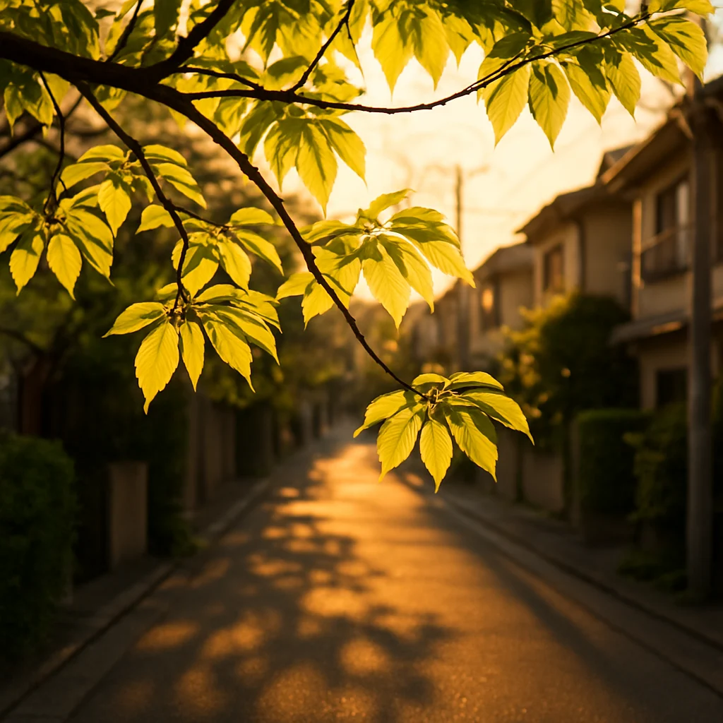 Soft evening light filtering through fresh green leaves