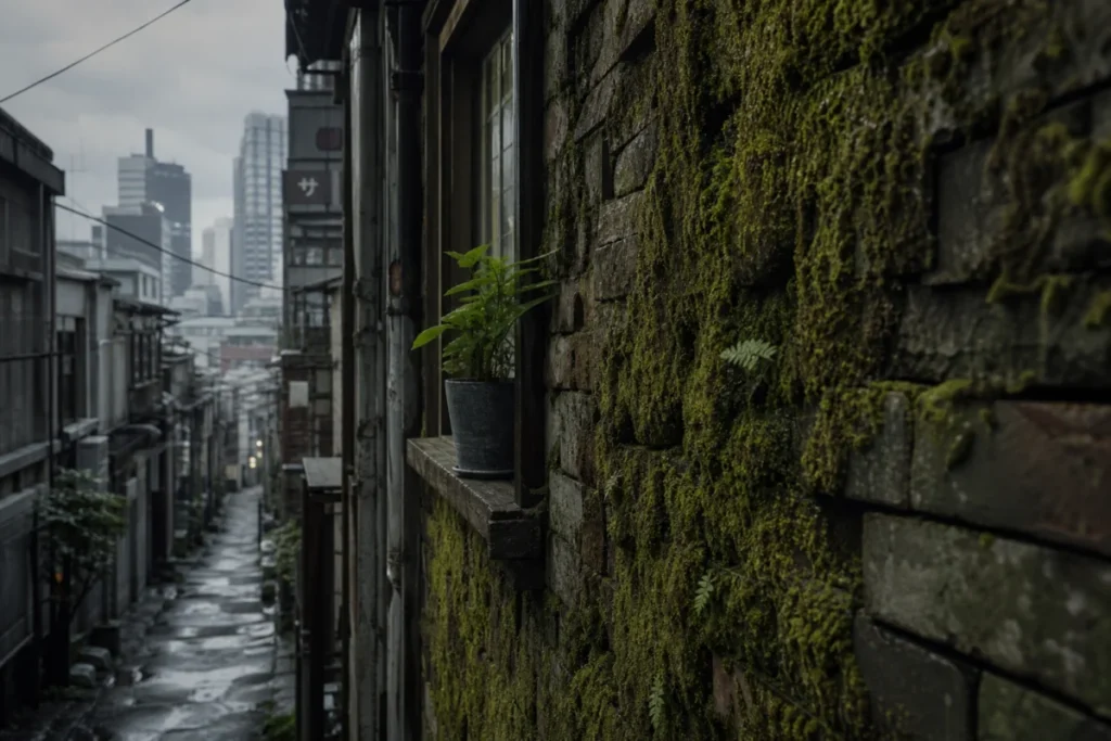 路地裏の苔と夕暮れの風景