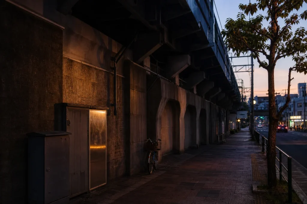 東京の高架下で配電盤の影がのびる夕方の街