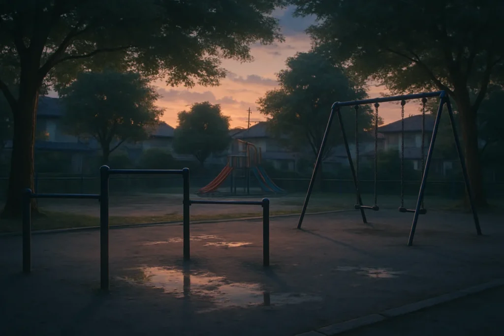 夕暮れの公園にある鉄棒と遊具のある風景