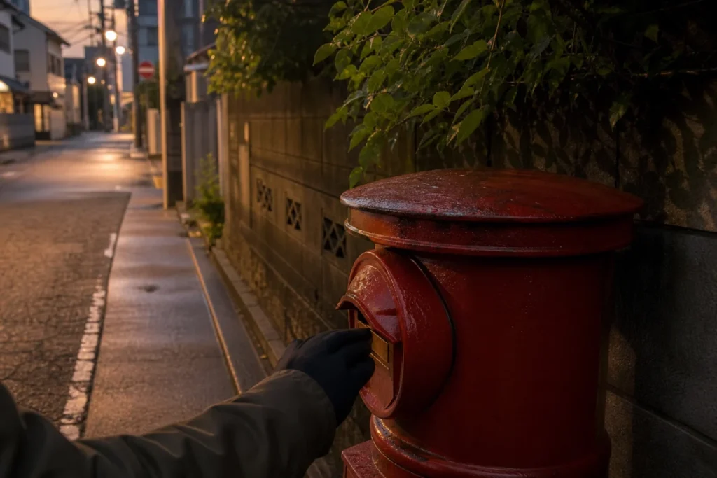 夕方の歩道で、濡れた郵便ポストの縁に街の光が映っている