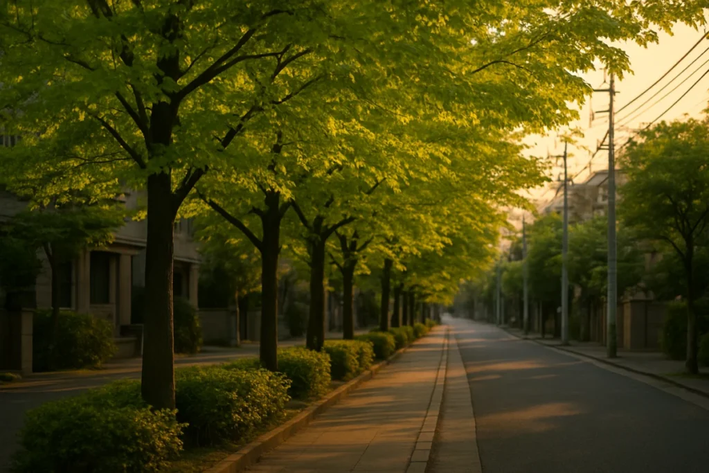 夕暮れ時の街路樹の青葉が作る緑陰の風景