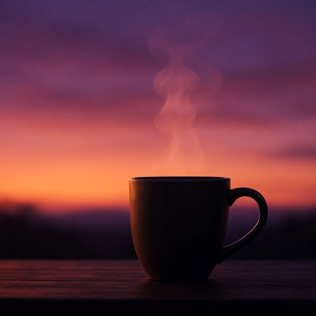 Steam rising from a warm cup during peaceful evening twilight