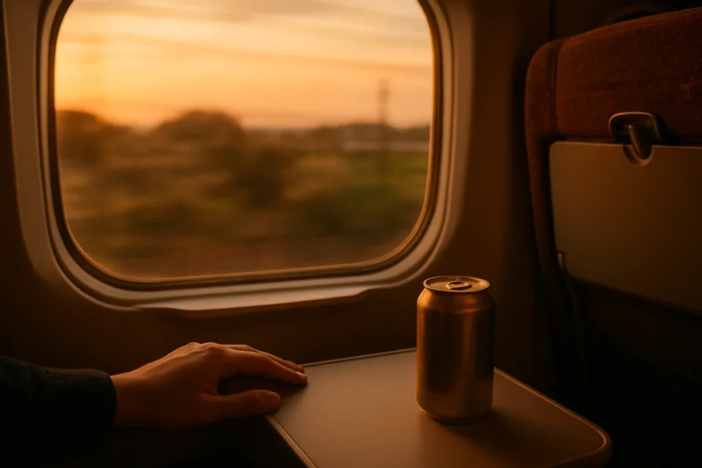 夕暮れ時の新幹線車窓と座席のひじ掛けに置かれた手