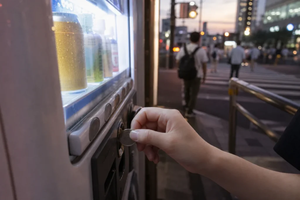 夕方の駅前で自販機にコインを入れる手元