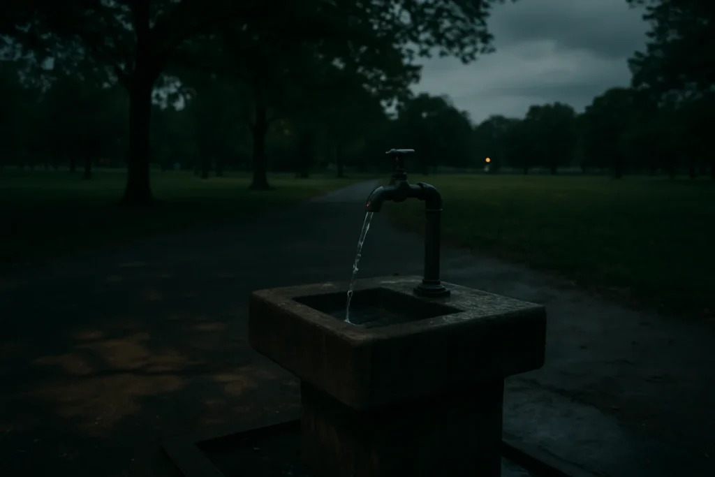 夕方の公園の水道蛇口から水が出ている様子