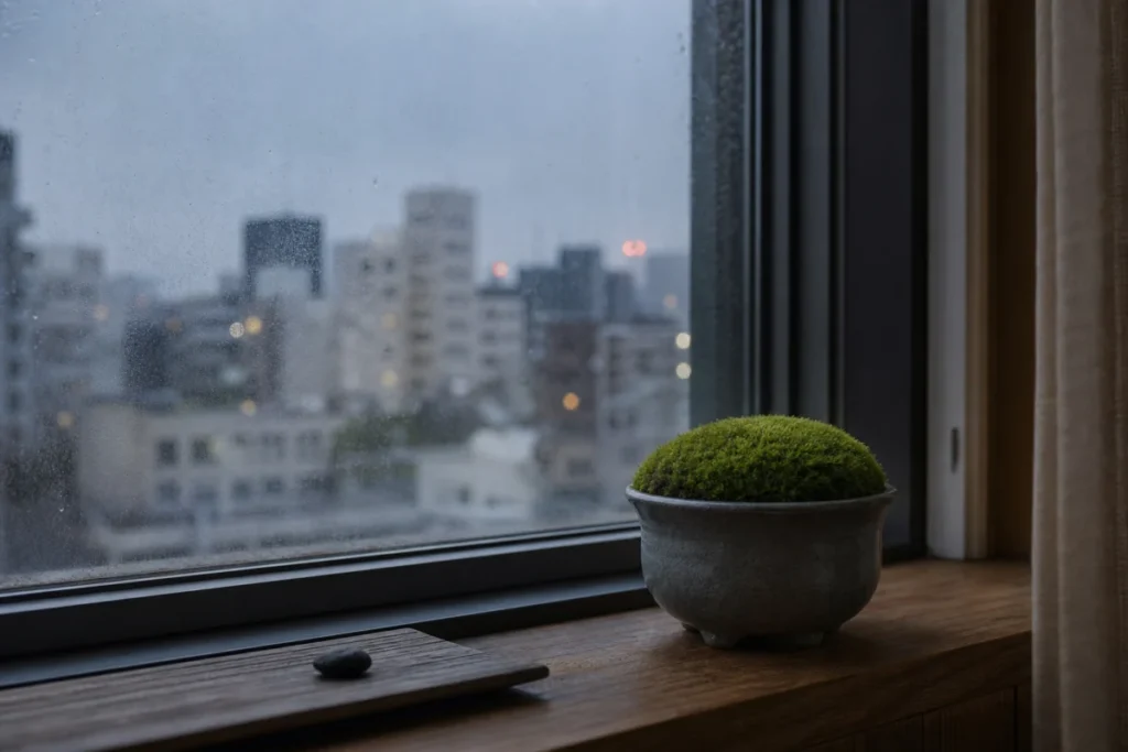 窓辺の苔と薄曇りの夕方を映す静かな室内の風景