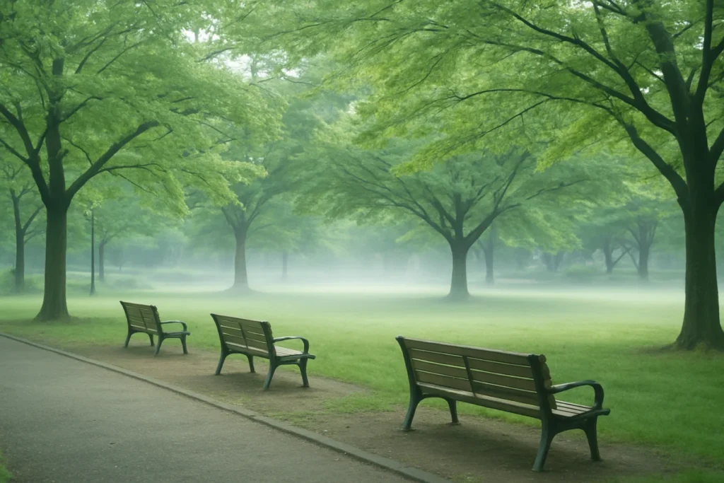 薄霧の中、公園のベンチと新緑が見える午後の風景
