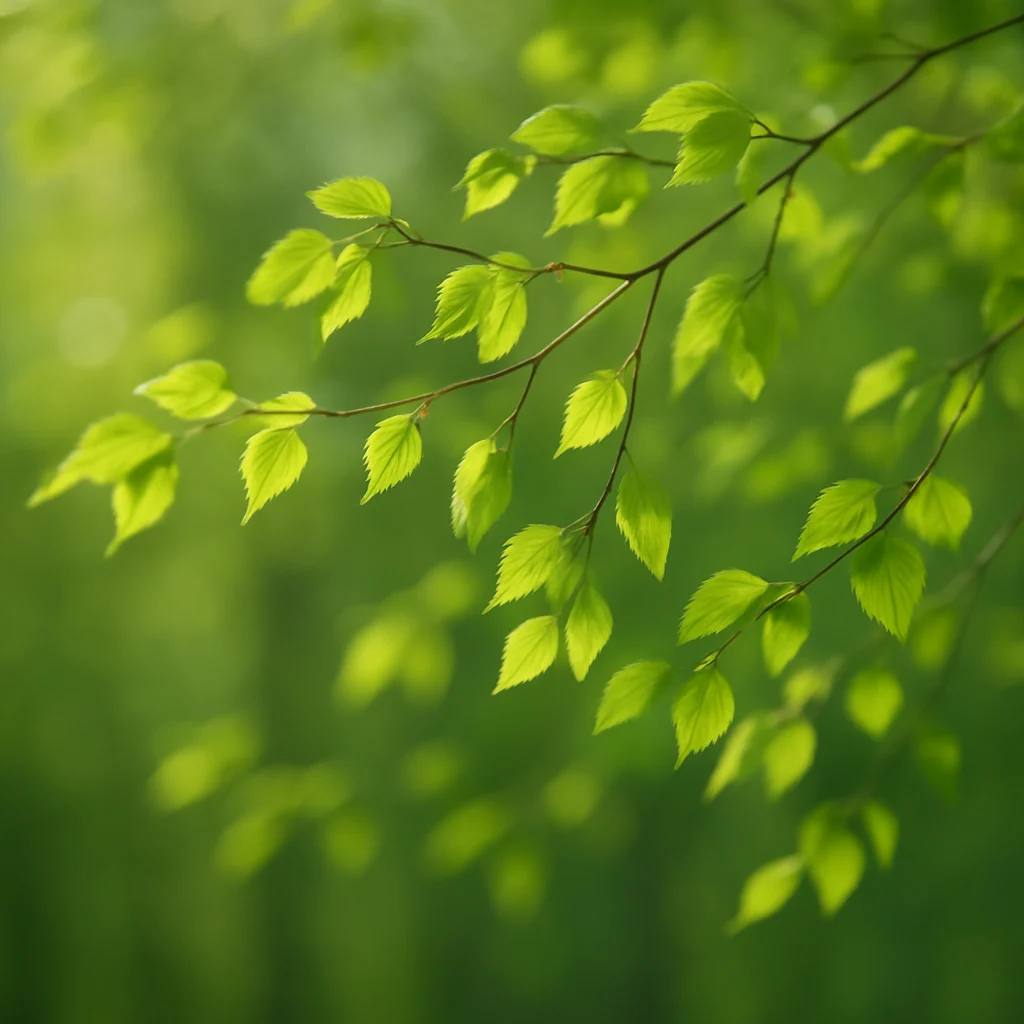 Fresh green leaves swaying gently in spring breeze with soft natural lighting