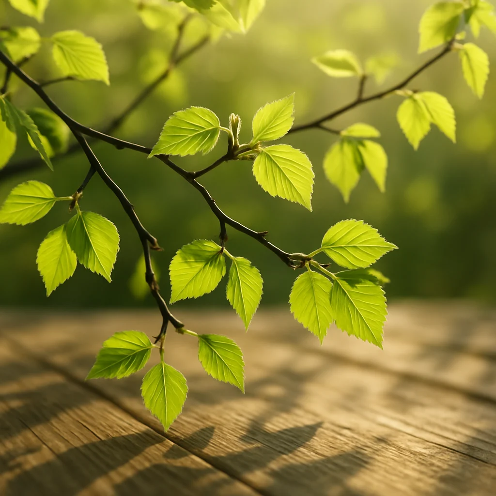 Tender young green leaves illuminated by gentle morning light with soft shadows on wooden surface