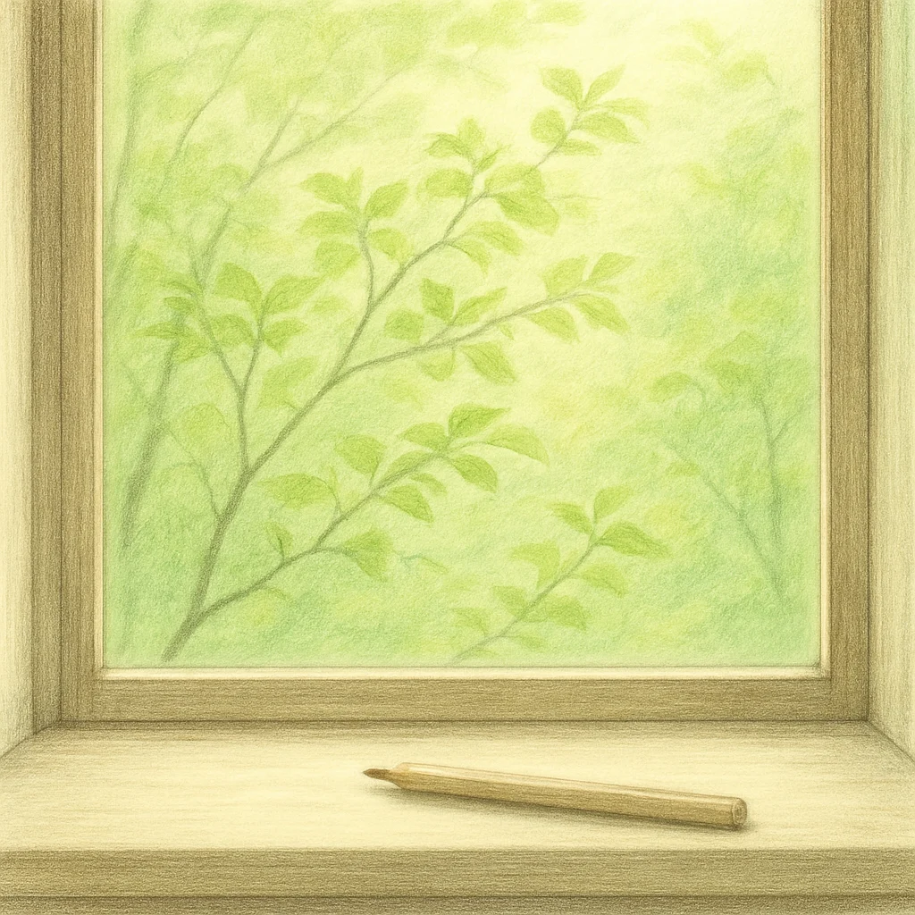 新緑の葉が風に揺れる窓辺の風景