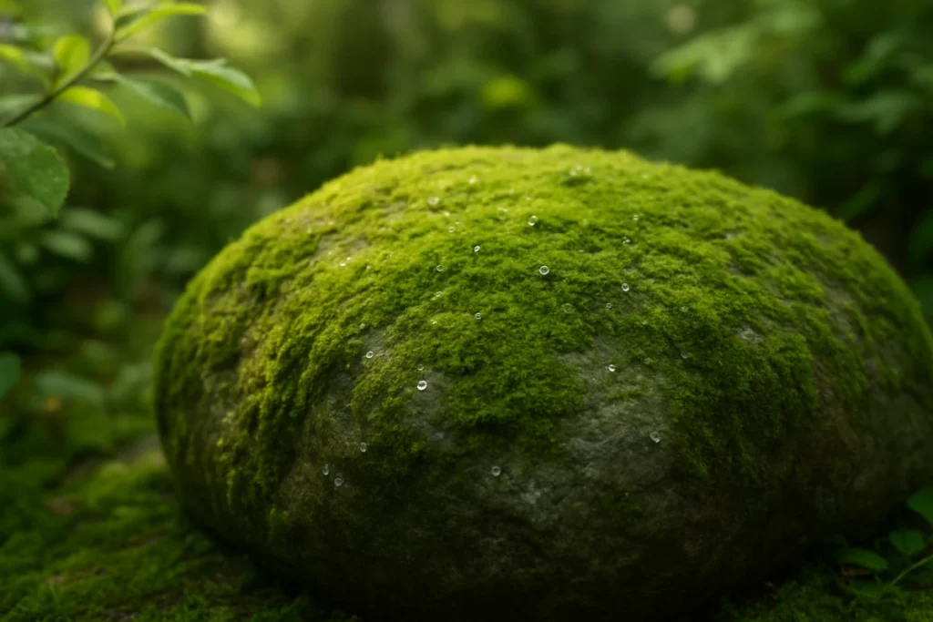 庭の石の上に水滴が並び、苔が生える様子。