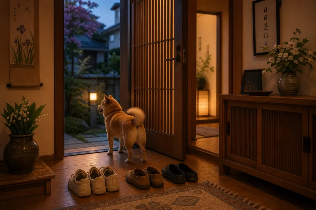 玄関の扉前で犬の尾が振られ、靴が整えられた静かな日常の光景