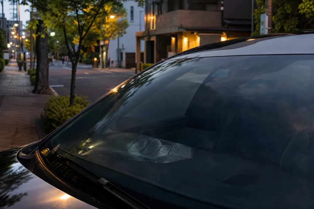 夕方の道路脇で、車のフロントガラスに視線が引き寄せられる情景