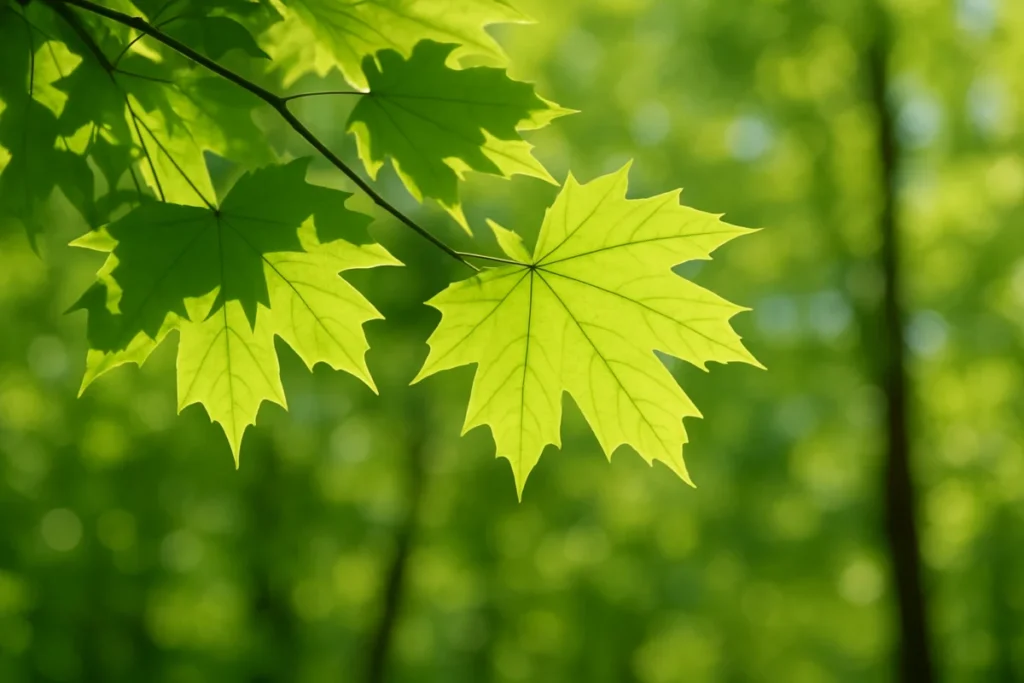 Sunlight filtering through fresh green maple leaves in late morning
