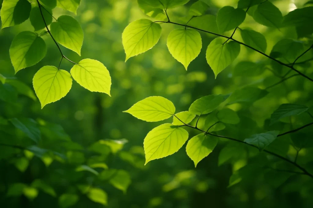 Layers of fresh green leaves with morning sunlight filtering through