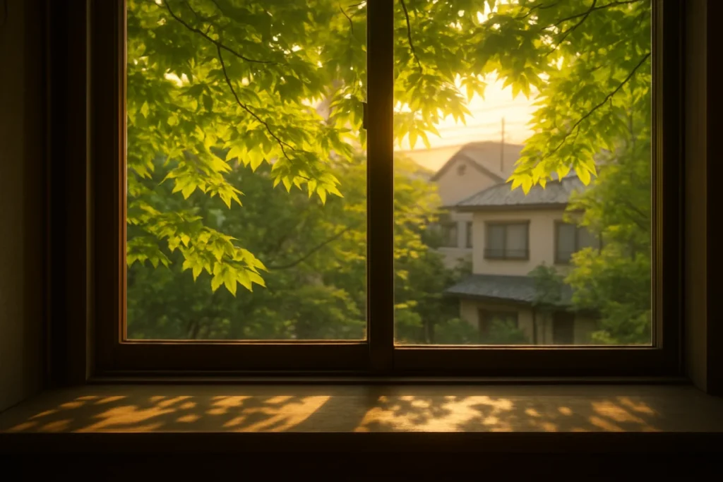 夕暮れの光に照らされた青葉と窓辺の風景