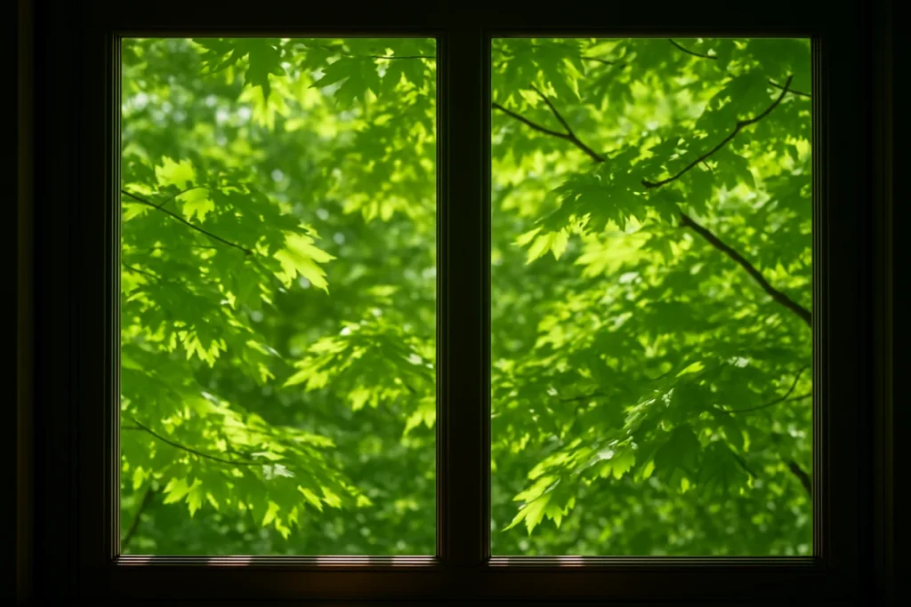 窓から見える青々とした楓の葉が風に揺れている初夏の風景
