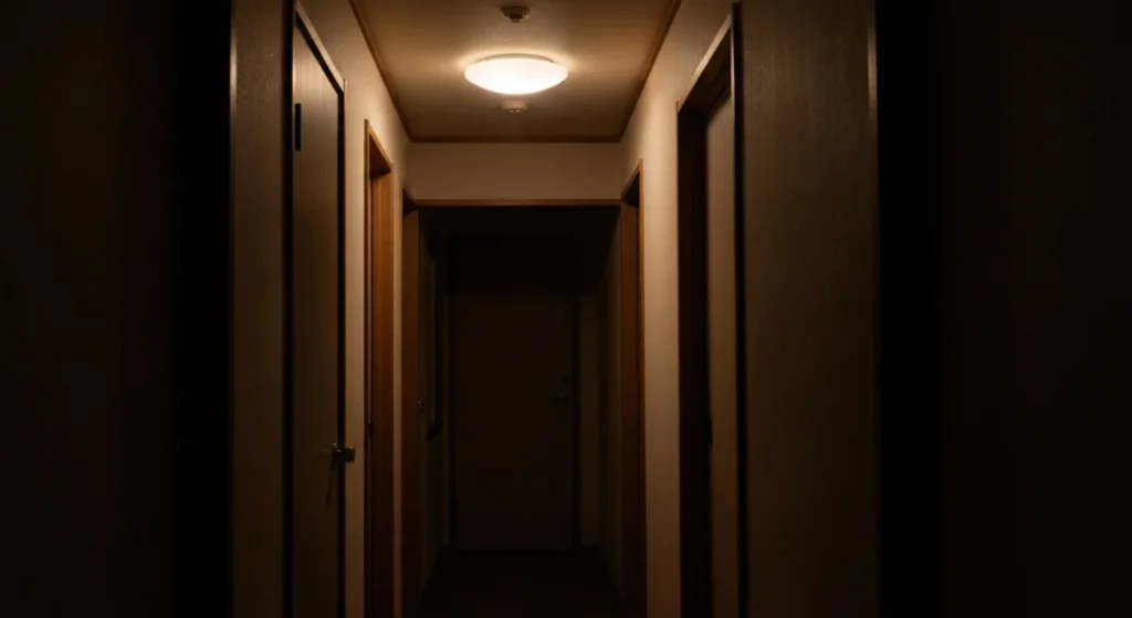 夜の家の廊下、点灯した照明と壁に映る影