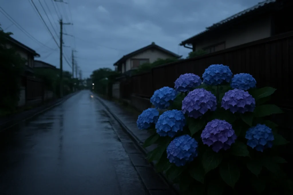 夕暮れの住宅街に咲く紫陽花