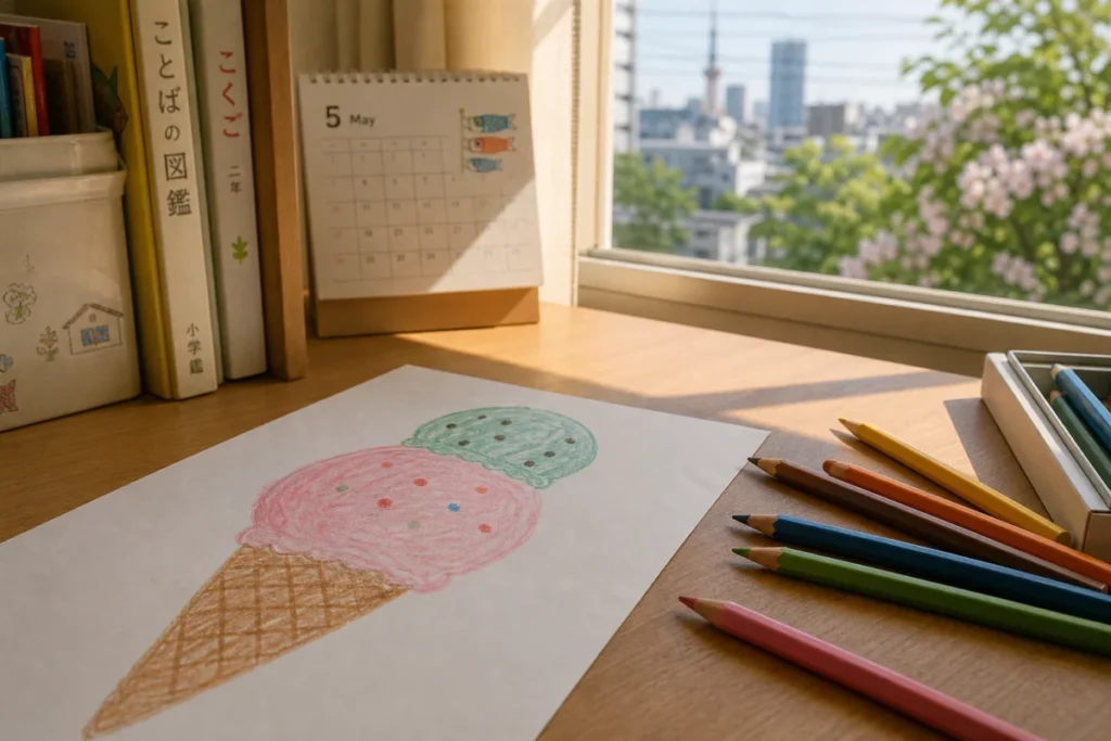 アイスの絵が描かれた紙と色鉛筆の並ぶ静かな机