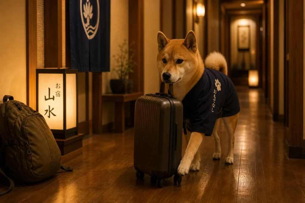 民宿の廊下を見守るスタッフ犬