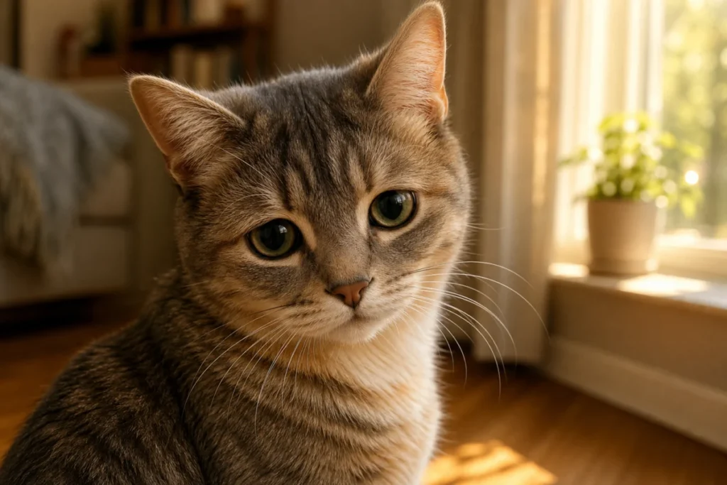 いえのなかの ねこ が じっと みつめて いる かお