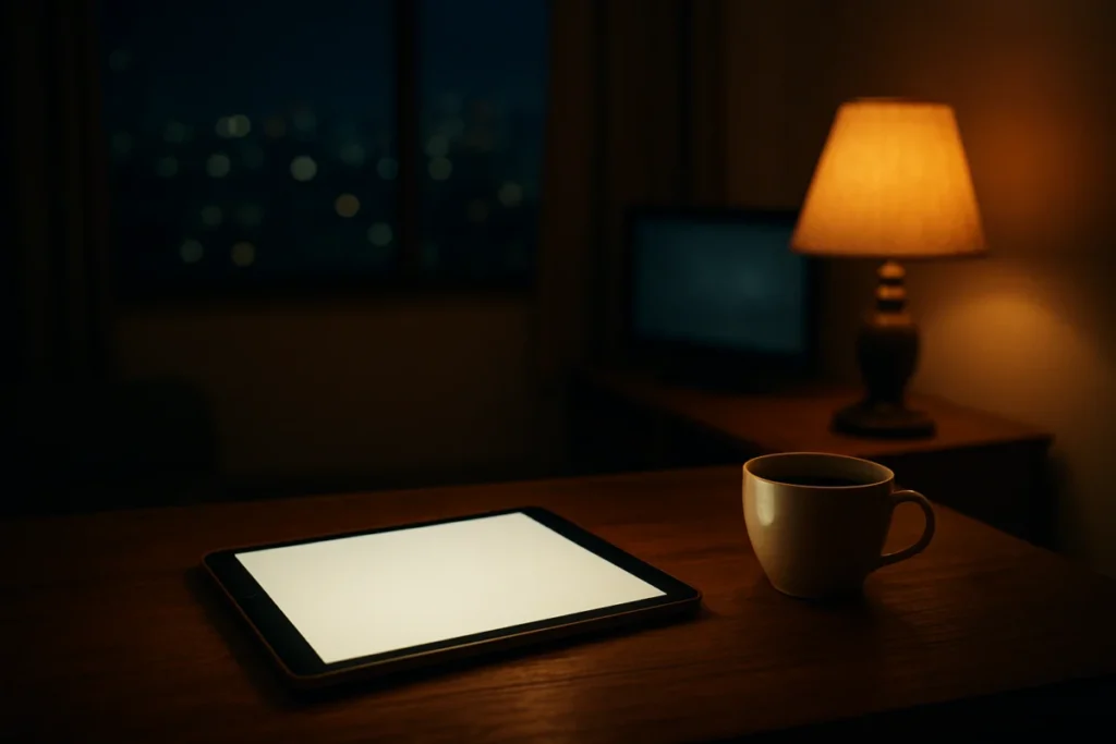 夜のリビングでiPadとコーヒーが並ぶ木製テーブルの静物