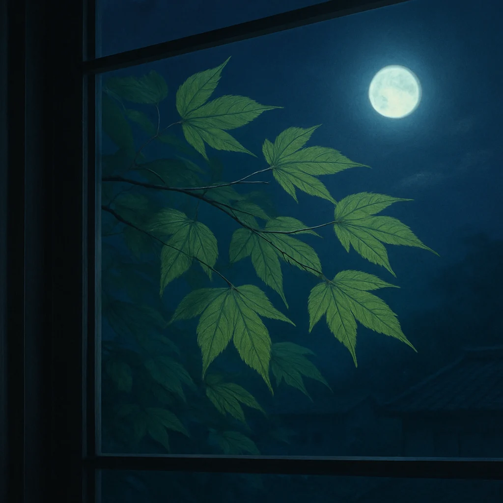 夜の窓辺で月明かりに照らされる青葉