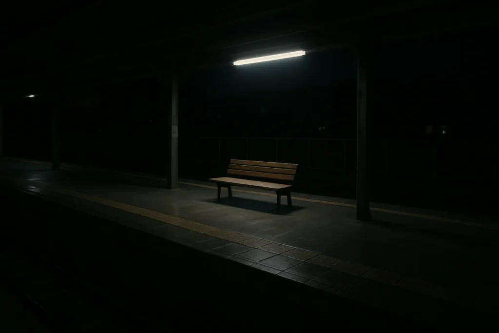 深夜の無人駅ホームに置かれたベンチ、薄暗い照明が照らす静かな空間