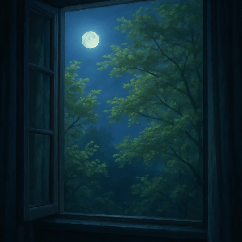 深夜の開いた窓辺から見える新緑の木々と静かな夜空