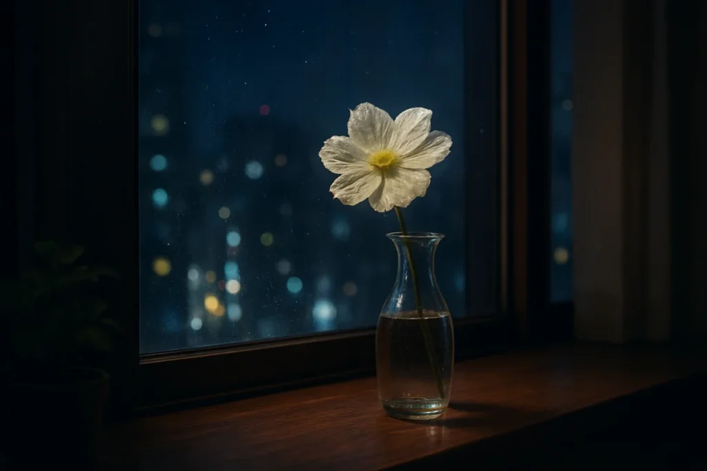 窓辺の花瓶に生けられた一輪の花と外の夜の風景