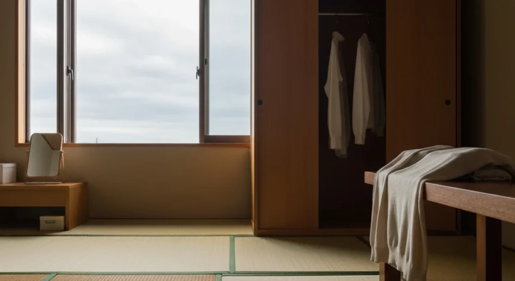 曇り日の昼下がりに、整理途中のクローゼットと、テーブルの上に畳まれた薄手のサマーセーターが静かに置かれている部屋の様子