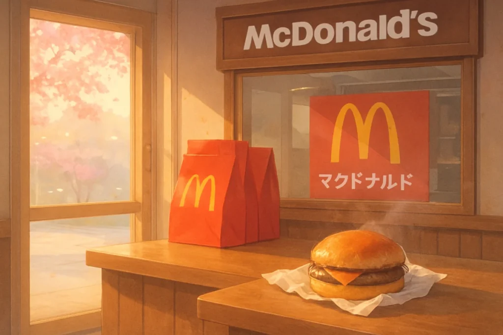 紙袋とバーガーが並ぶ北海道・名古屋・博多ご当地バーガーの店頭風景