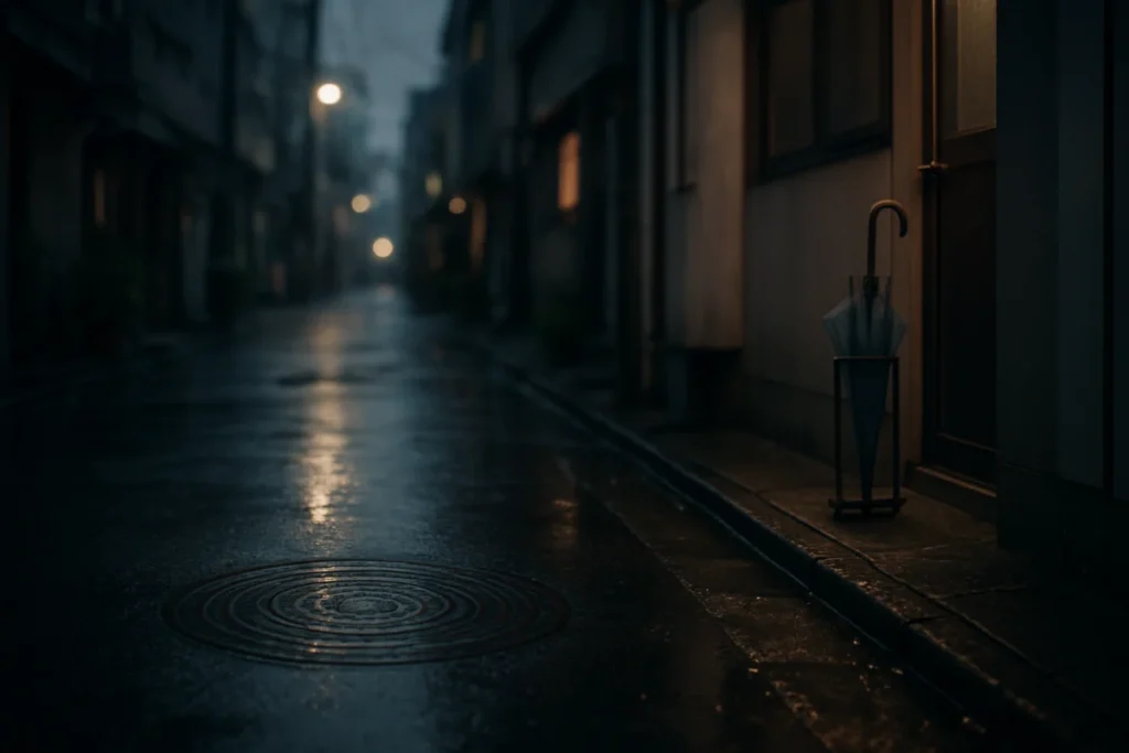 雨の気配が残る東京の路地で、マンホールのふたのそばに整えられた傘立てとアスファルトの濡れた質感