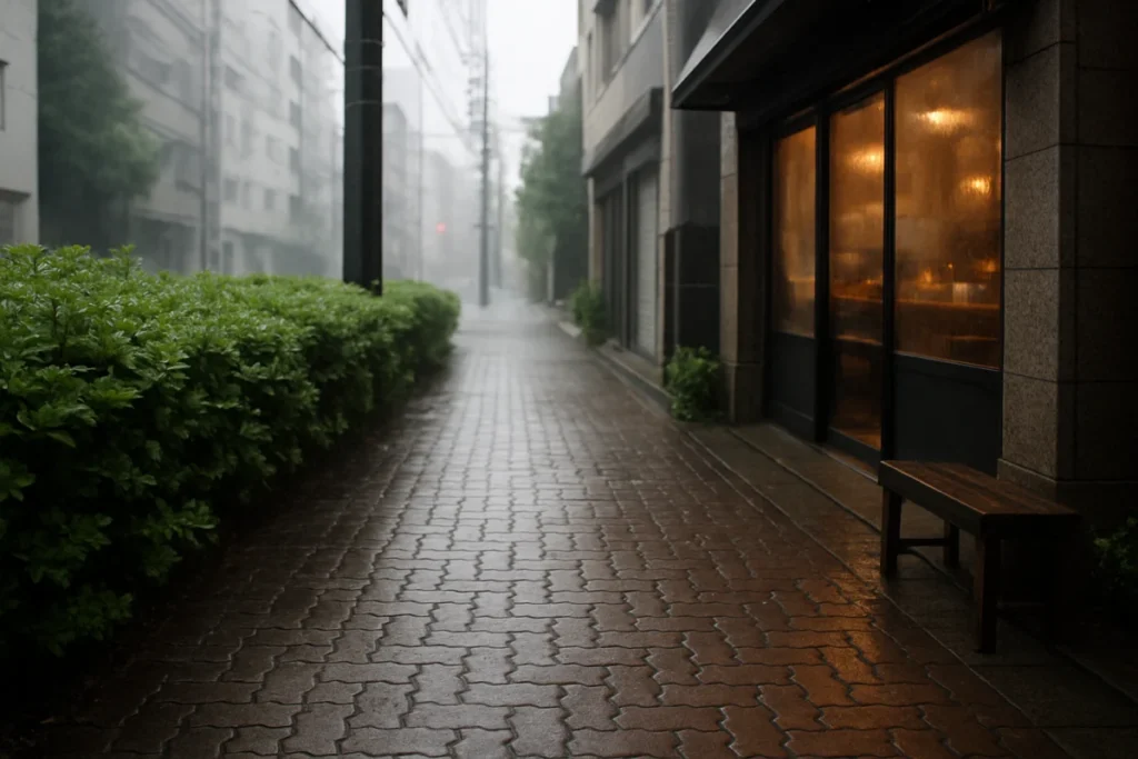 霧雨に濡れる舗道とツツジの葉、ぼんやりと曇ったお昼の街の風景