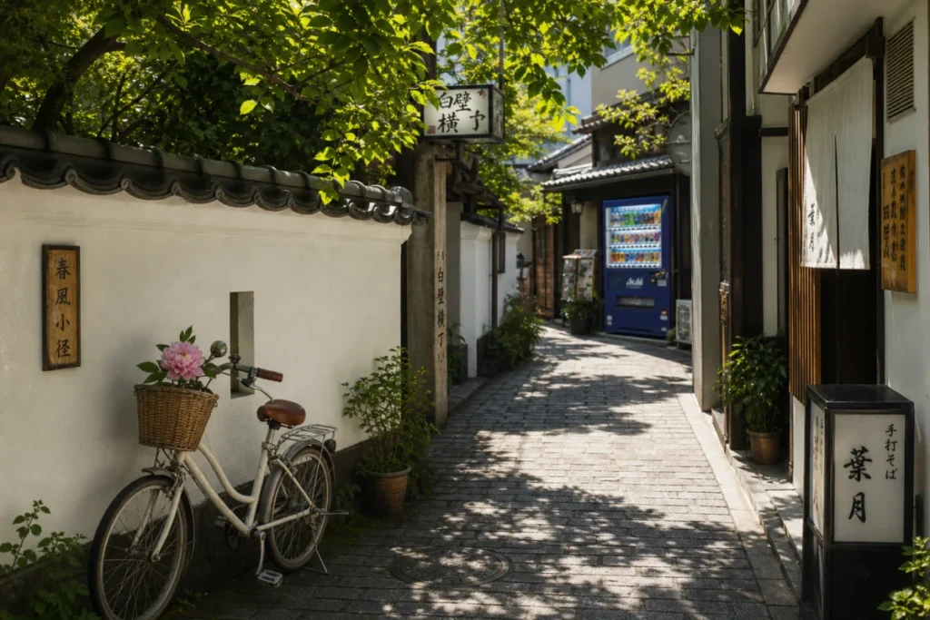 木漏れ日が壁と石畳を染める路地の風景。自転車のかごと花が控えめに彩り、背景には自販機の光が混ざる静かな街角。